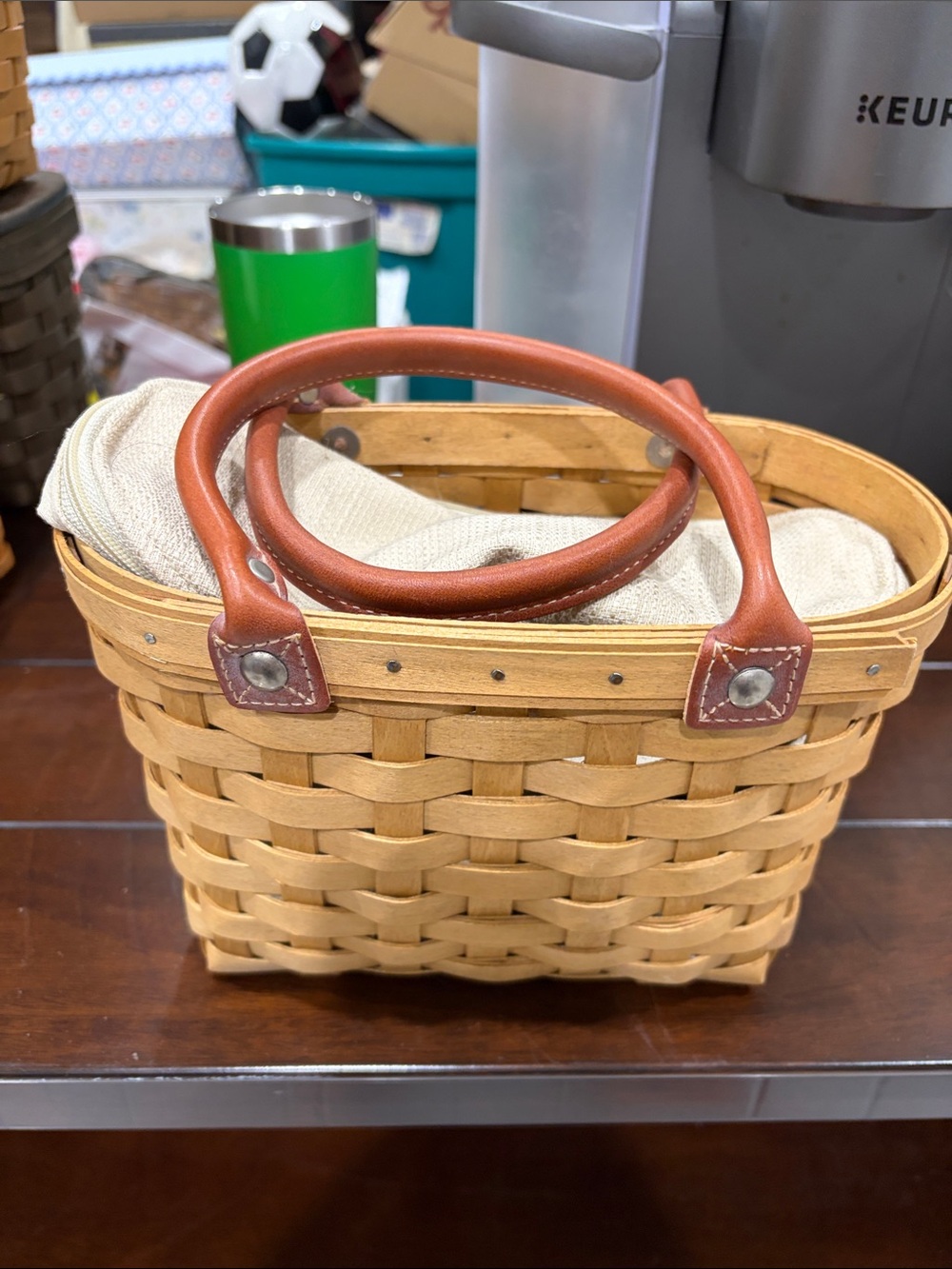 Longaberger Woven Basket Tote with Brown Leather Handles